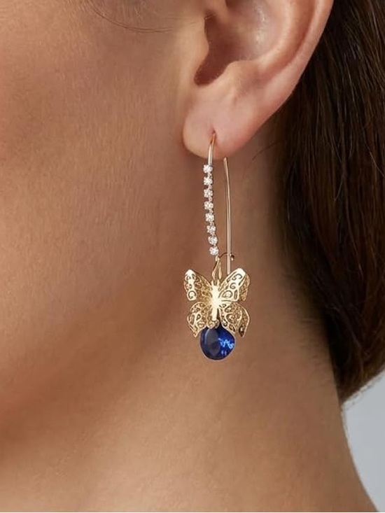 Anthropologie Jewelry - Anthropologie Gold Butterfly Earrings with Deep Blue Crystal